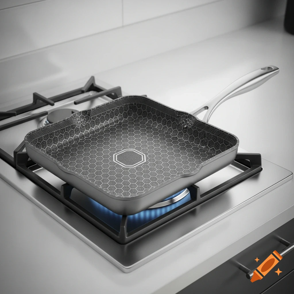 A photorealistic square non-stick pan with a hexagonal pattern sits on a lit gas stove burner.