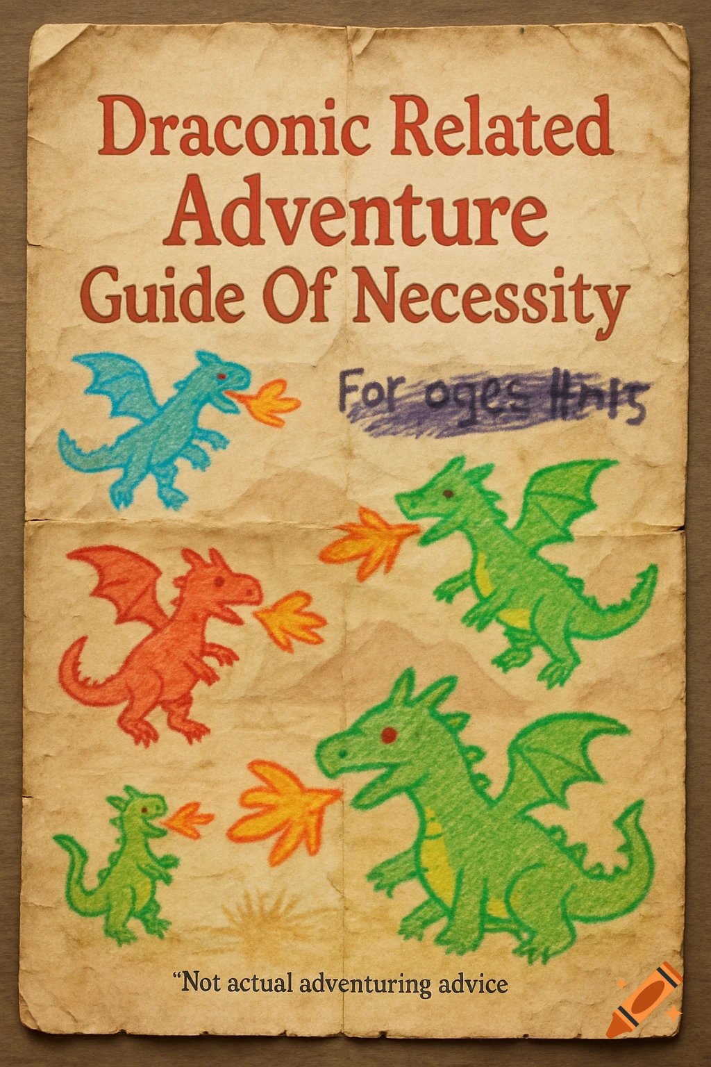 A vintage, creased flyer titled "Draconic Related Adventure Guide Of Necessity" with childlike crayon drawings of red, blue, and green fire-breathing dragons. The text "For ages 10-15" is poorly rendered and crudely crossed out, and a small disclaimer reads "Not actual adventuring advice" at the bottom.