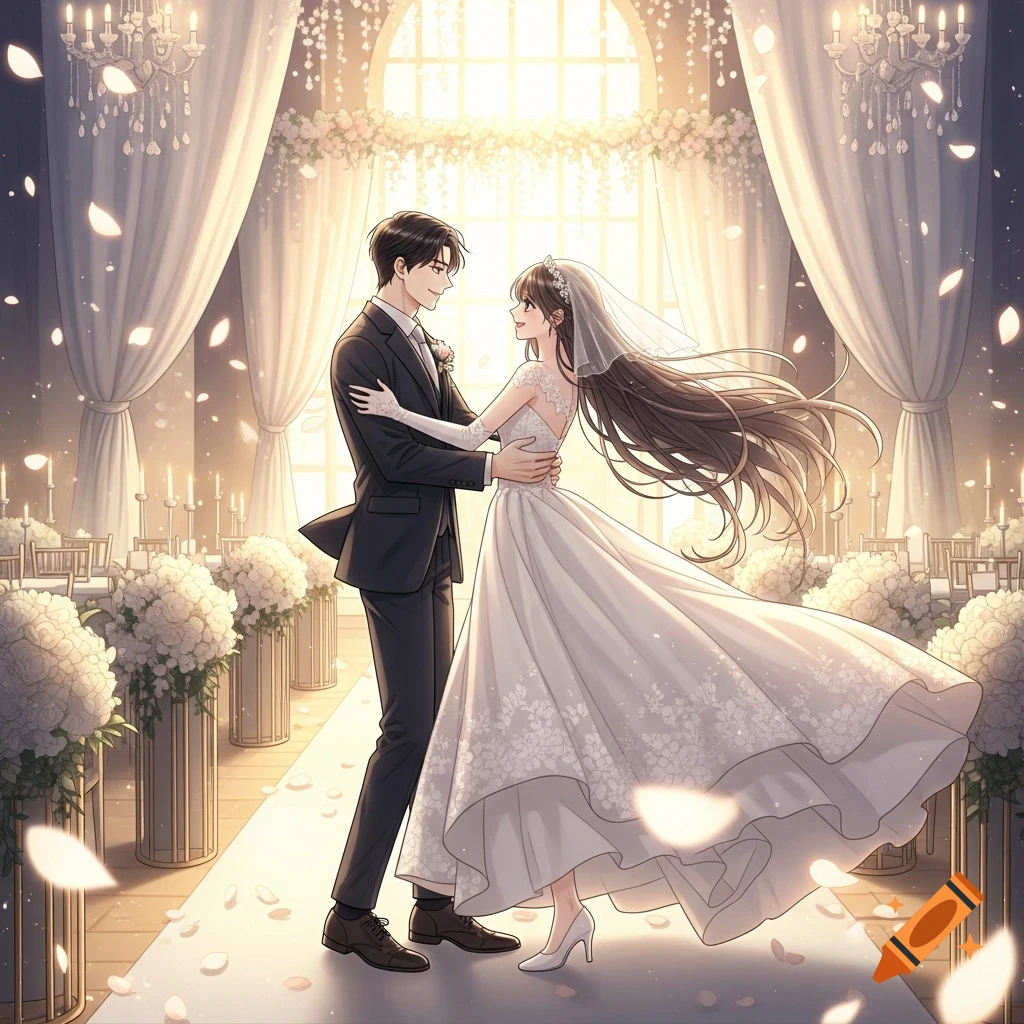 A romantic Korean manhwa illustration of a groom spinning his bride at a glowing wedding venue with floating petals.