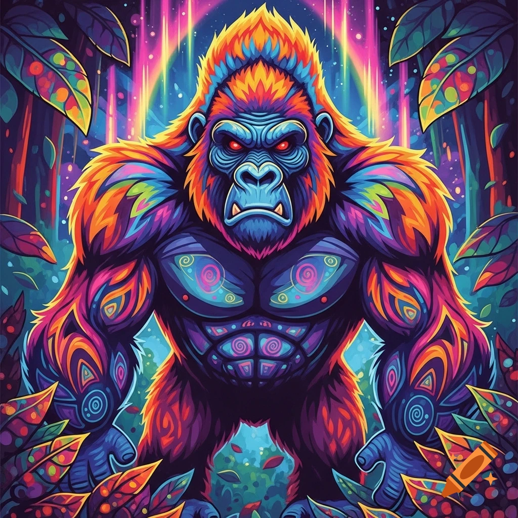 A vibrant, psychedelic illustration of an angry gorilla with glowing red eyes, surrounded by colorful jungle foliage and neon light effects.