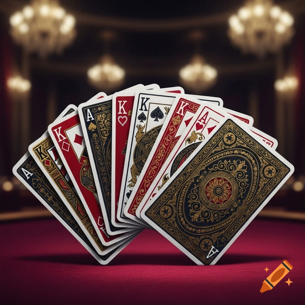 A fan of playing cards, including Aces and Kings, spread out on a red felt table in a dimly lit casino, with chandeliers in the blurred background. Photorealistic style.