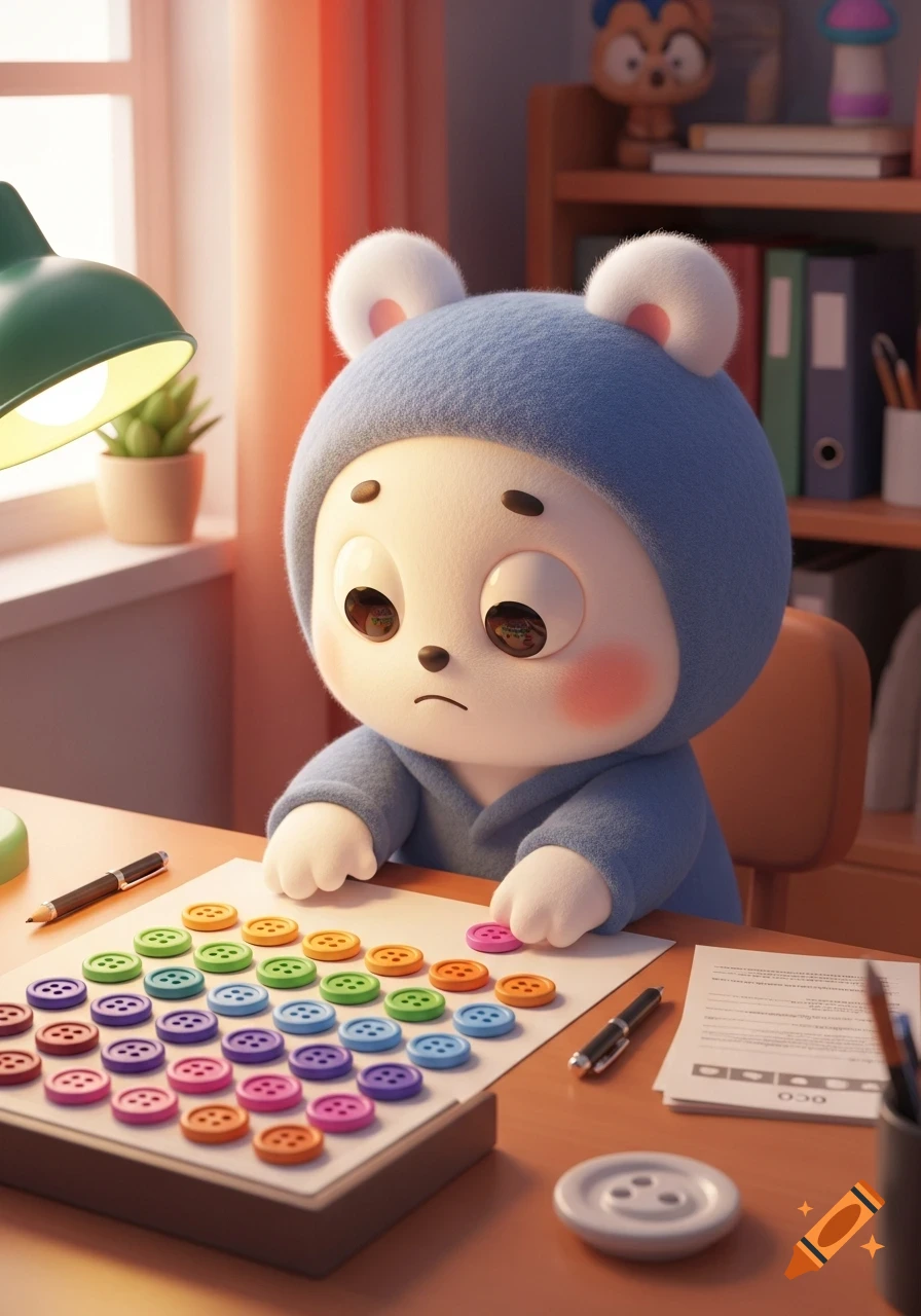 A cute, fluffy character in a blue hooded outfit sits at a desk, carefully organizing colorful buttons on paper with a focused expression in a 3D cartoon style.