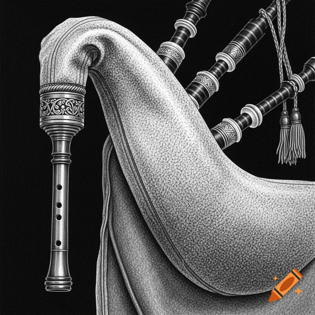 Detailed black and white stippling drawing of a bagpipe's chanter, bag, and drones.