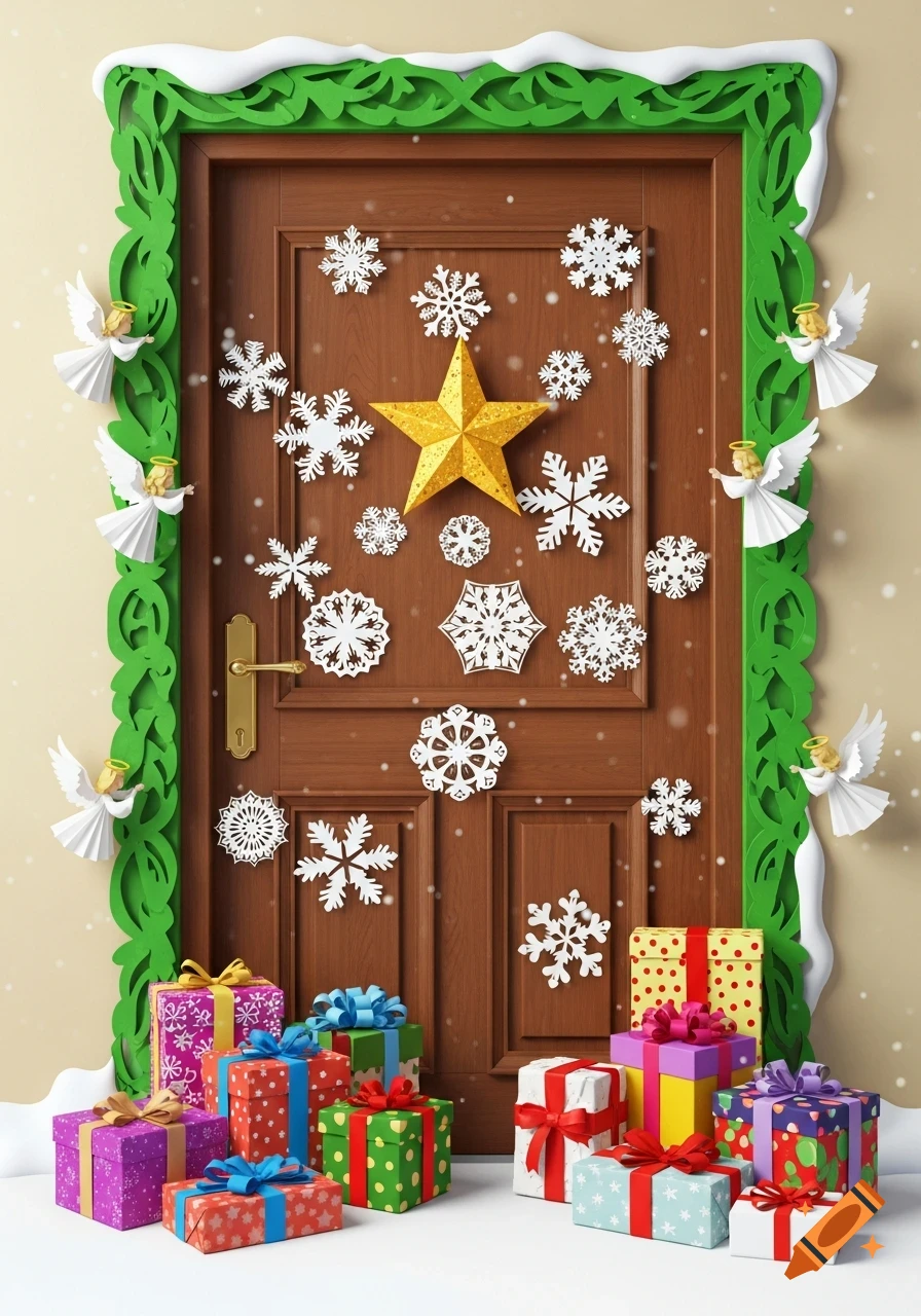 A brown door decorated for Christmas with paper snowflakes, a large golden star, and white paper angels, surrounded by piles of colorful wrapped presents and a green decorative border.
