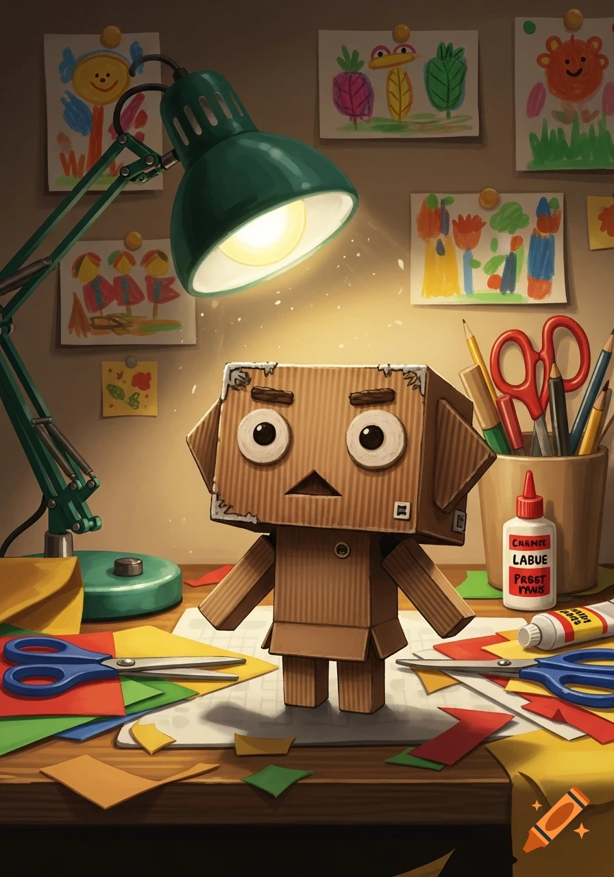 A cardboard dog-like character sits on a crafting table with scissors, colored paper, glue, and a bright green desk lamp, surrounded by children's drawings.