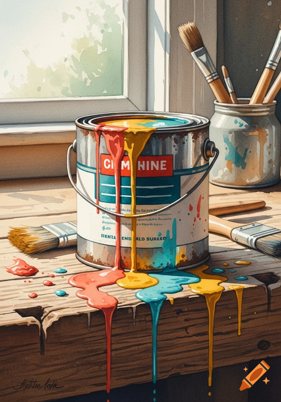 Watercolor painting of a paint can spilling red, yellow, and blue paint onto a wooden surface with paint brushes nearby.