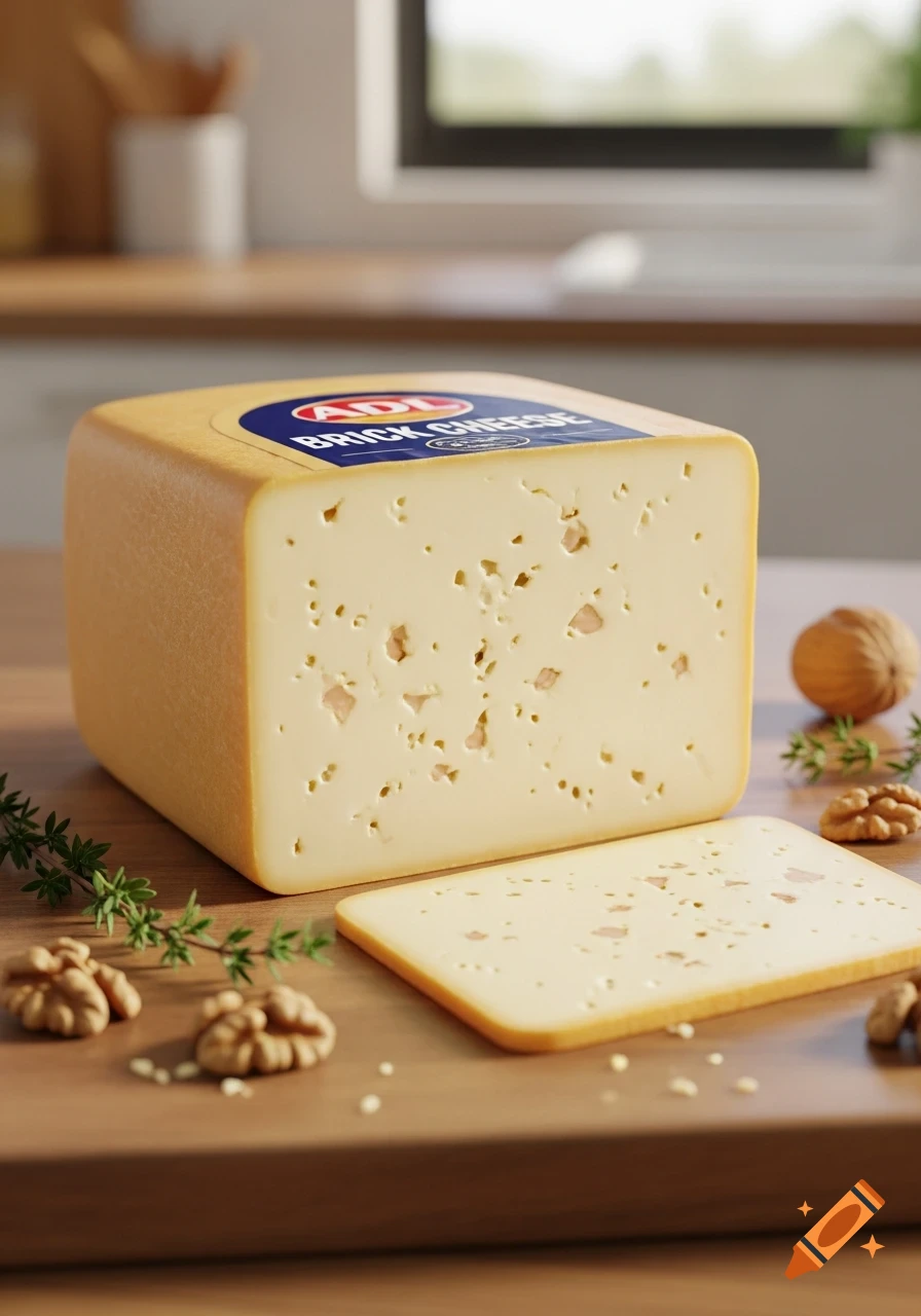 A photorealistic block of ADL Brick Cheese with a slice cut, walnuts, and thyme on a wooden board.