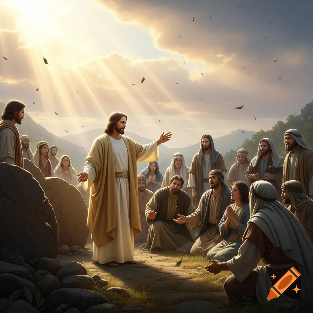 Jesus with outstretched hands addresses a crowd of followers kneeling before him, bathed in radiant sunlight on a rocky outdoor path.
