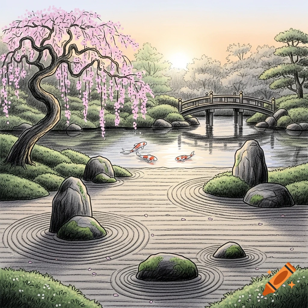 Illustration of a serene Japanese garden with a cherry blossom tree, koi fish in a pond, a bridge, and a raked rock garden at sunset.