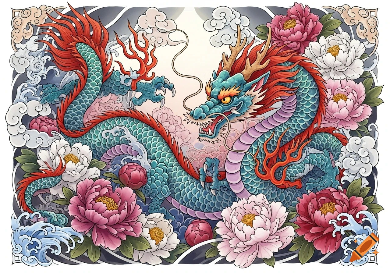 A vibrant blue and red stylized Chinese dragon coils among pink and white peony flowers, with traditional clouds and waves.