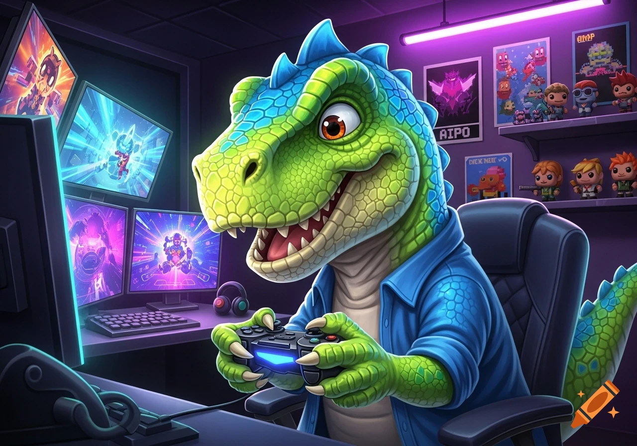 Cartoon green and blue dinosaur gamer in a blue shirt playing video games with a controller in a neon-lit room.
