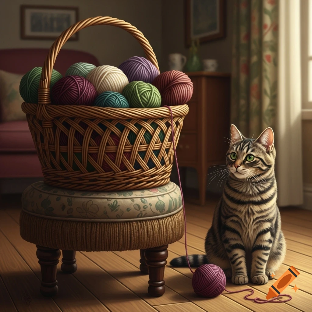 A tabby cat sits next to a wicker basket overflowing with colorful yarn balls, with a purple yarn string unraveled on the wooden floor.