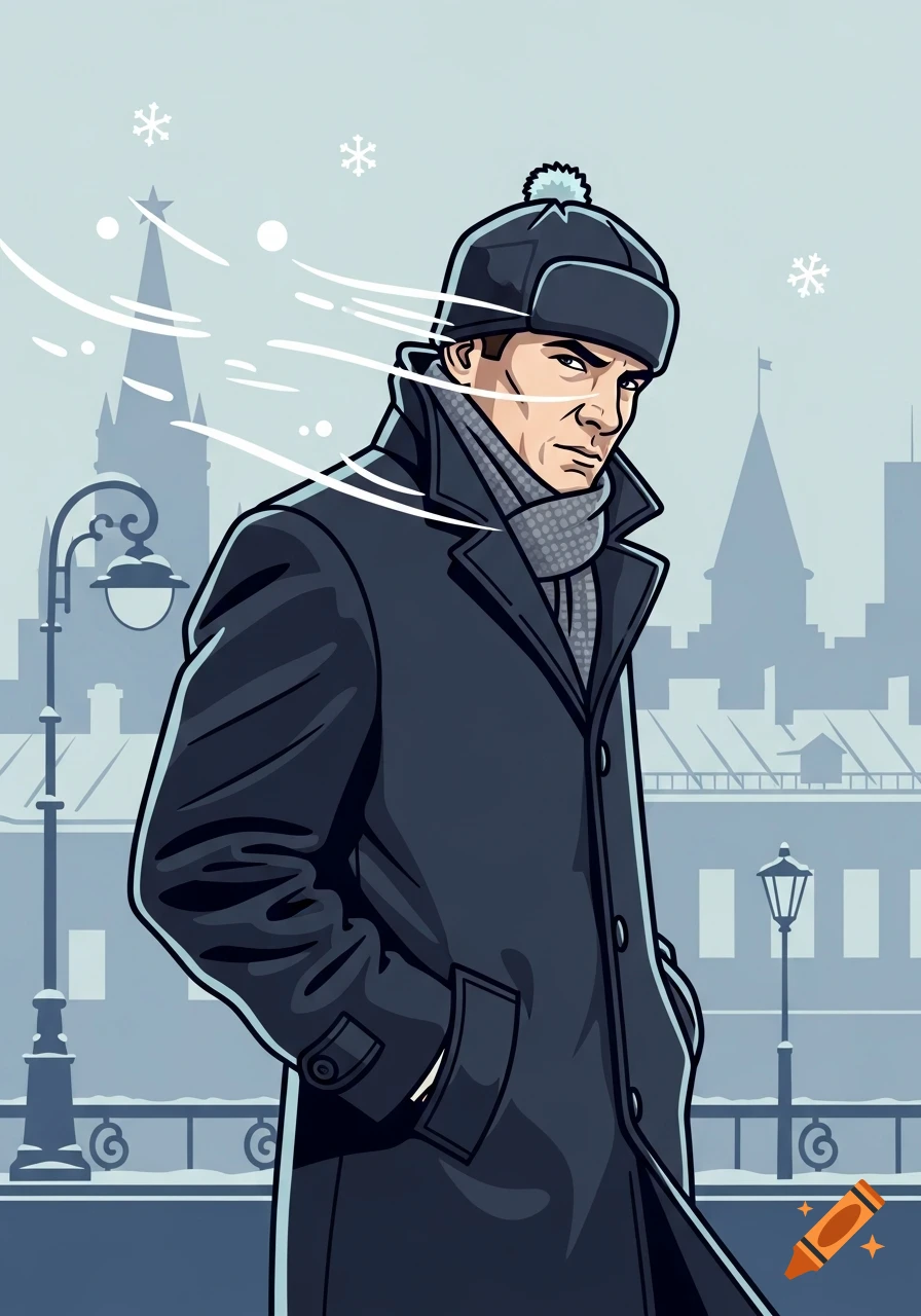 Graphic novel illustration of a spy in a winter coat and snow cap, hunched against the wind with snow swirling in a Moscow cityscape.