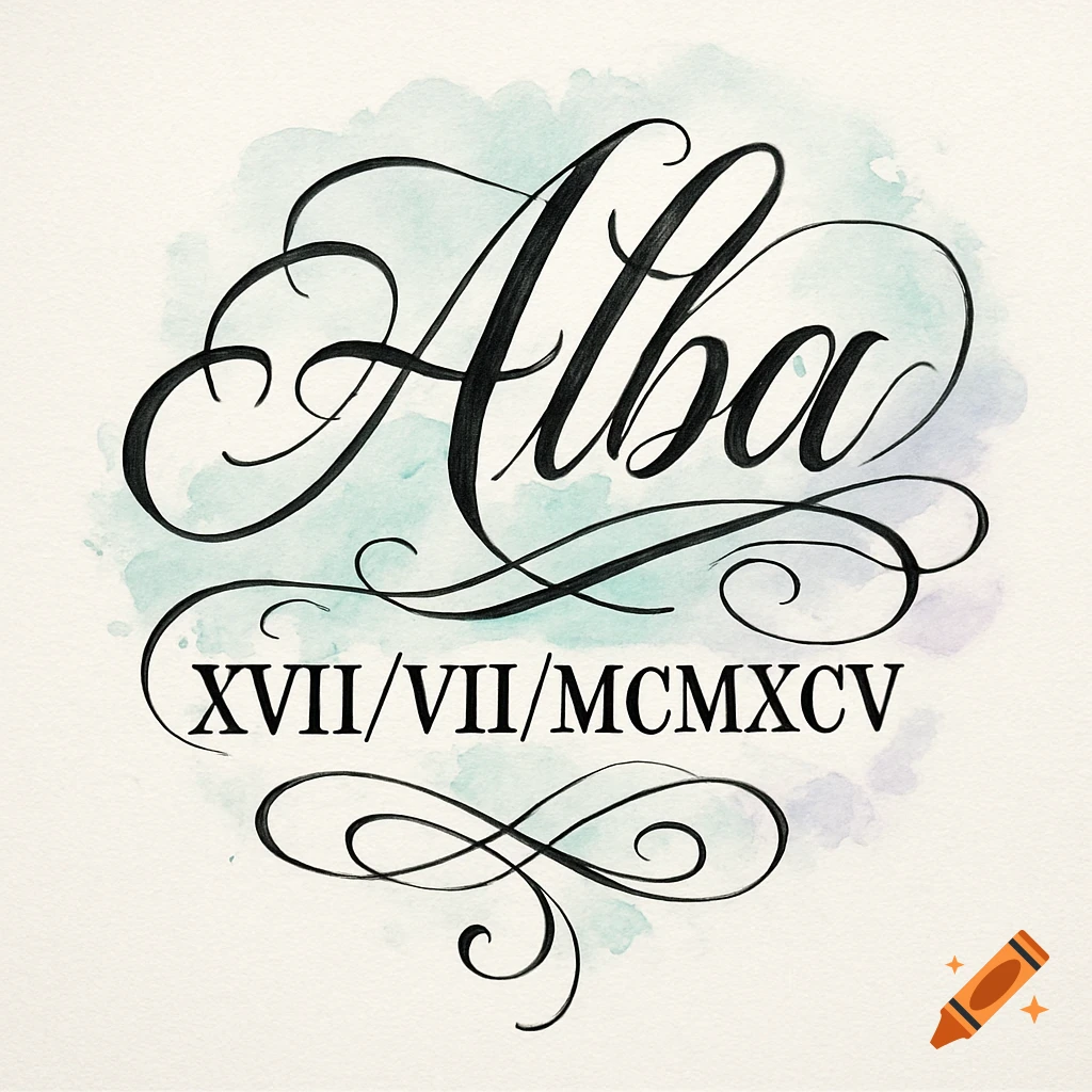 The name "Alba" in elegant black script lettering, with "XVII/VII/MCMXCV" below, set against a soft watercolor background in shades of blue and purple.