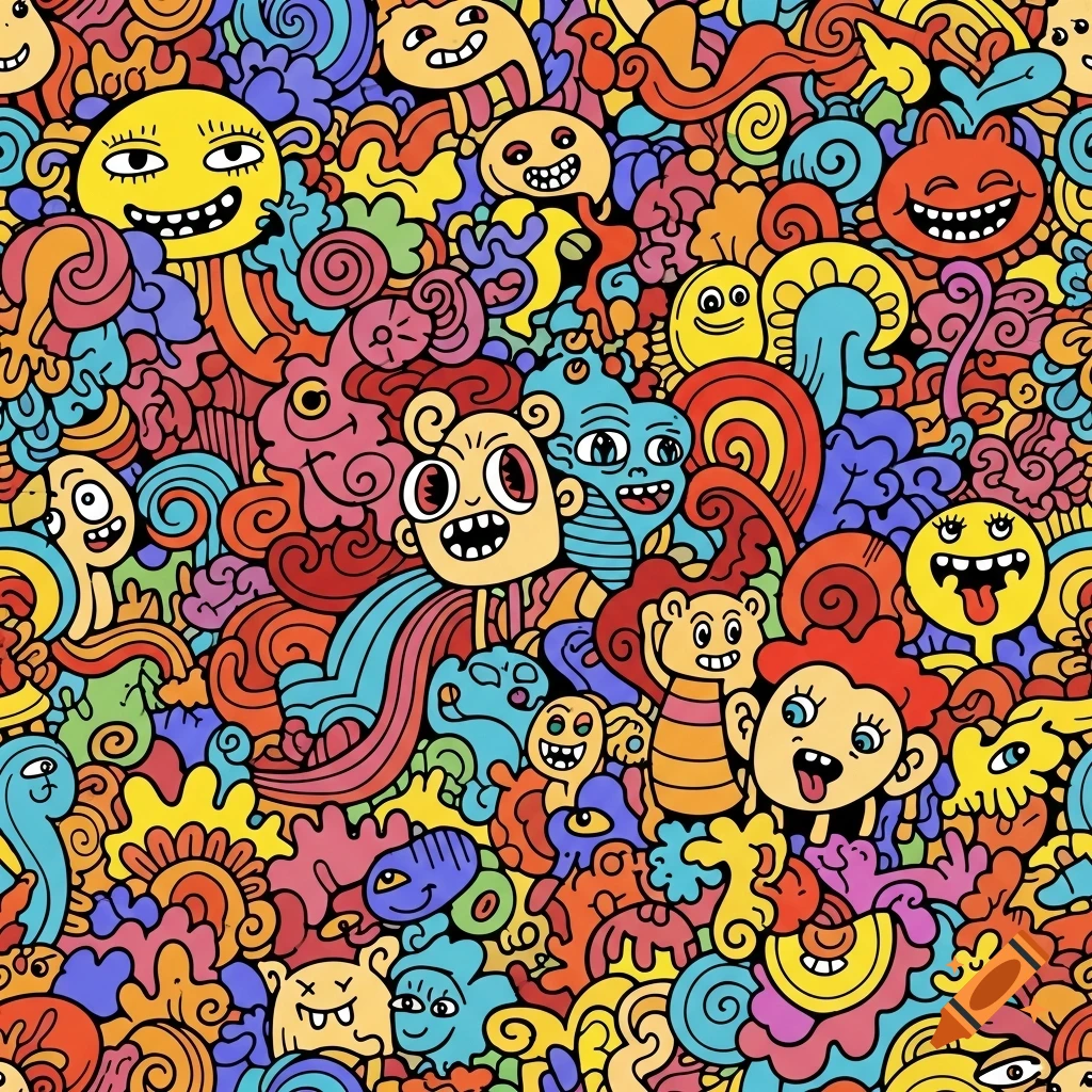 A vibrant, colorful doodle art pattern filled with various smiling cartoon monsters and abstract shapes.