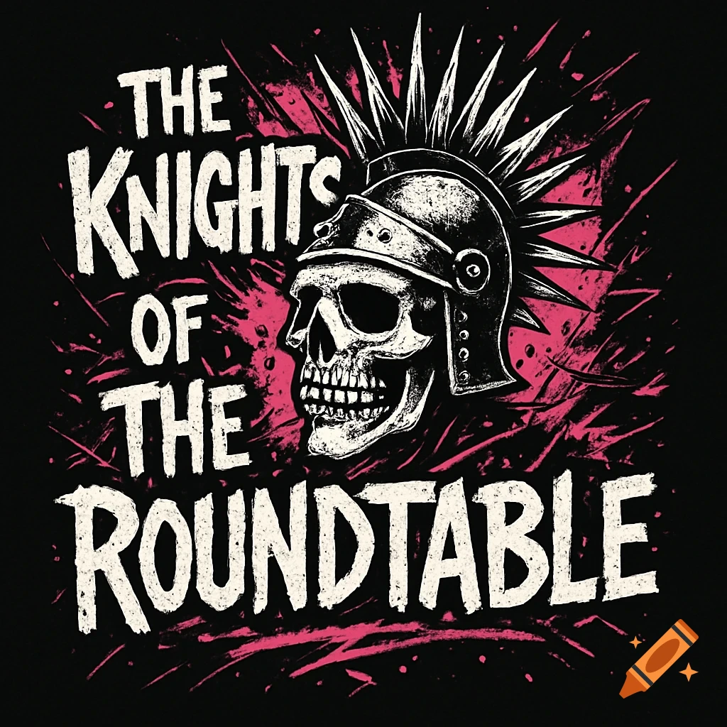 Black, white, and pink punk rock logo featuring a skull in a spiked knight's helmet, with the text 'THE KNIGHTS OF THE ROUNDTABLE'.