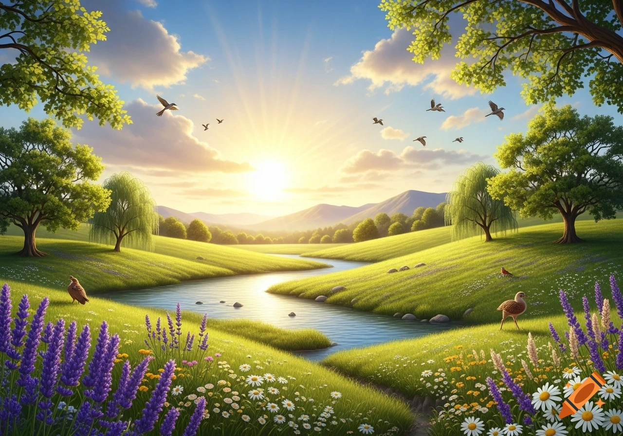 Vibrant natural landscape with a winding river, green hills, blossoming flowers, trees, and birds under a bright sun.