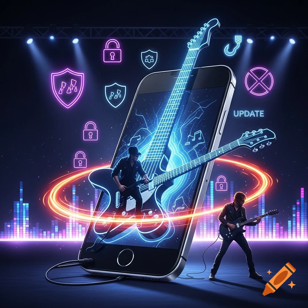 Vibrant digital art of a smartphone transformed into an electric guitar, played by a rockstar silhouette on stage with neon lights and cybersecurity icons.