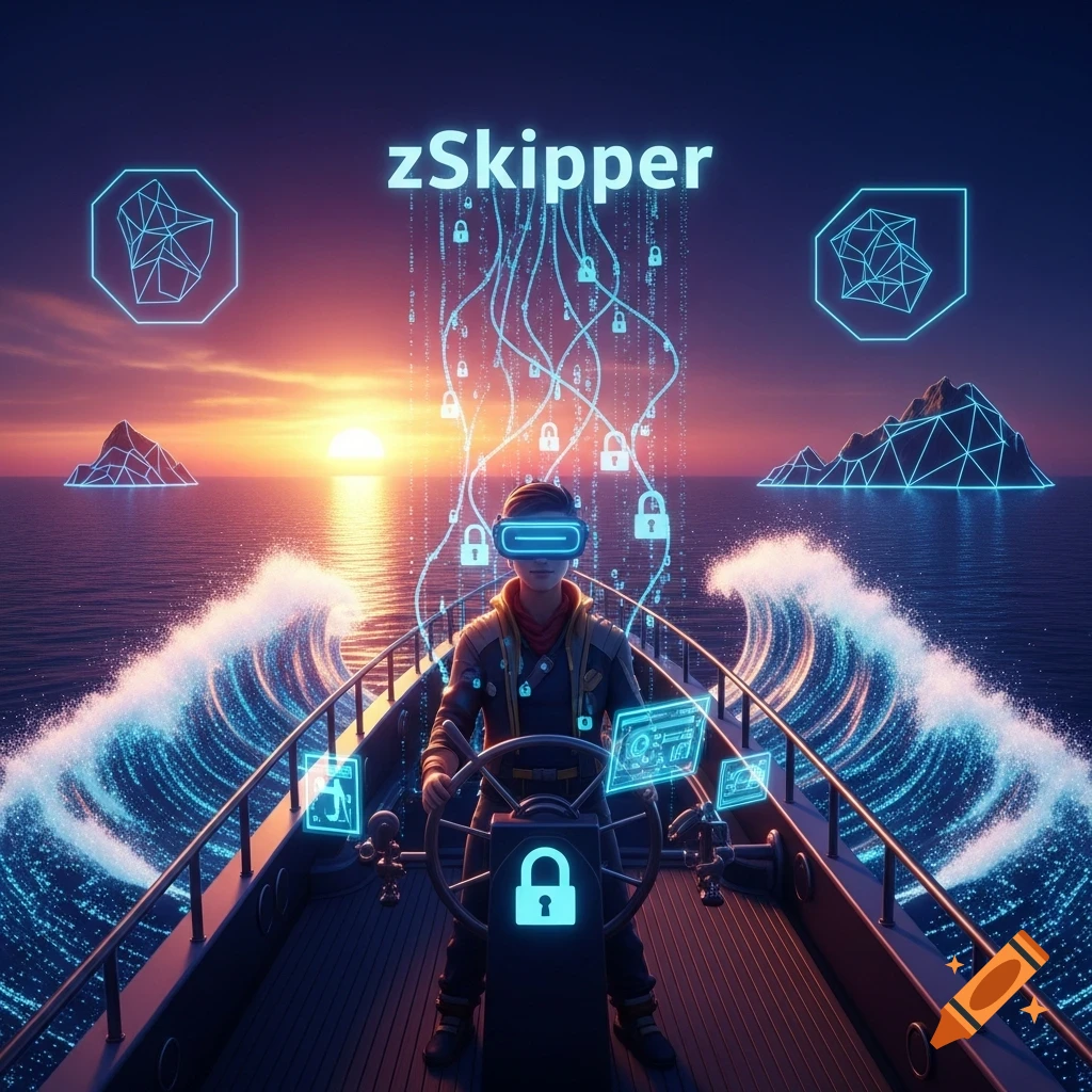 A person in VR goggles steers a boat on a digital sea at sunset, surrounded by glowing locks and data streams.