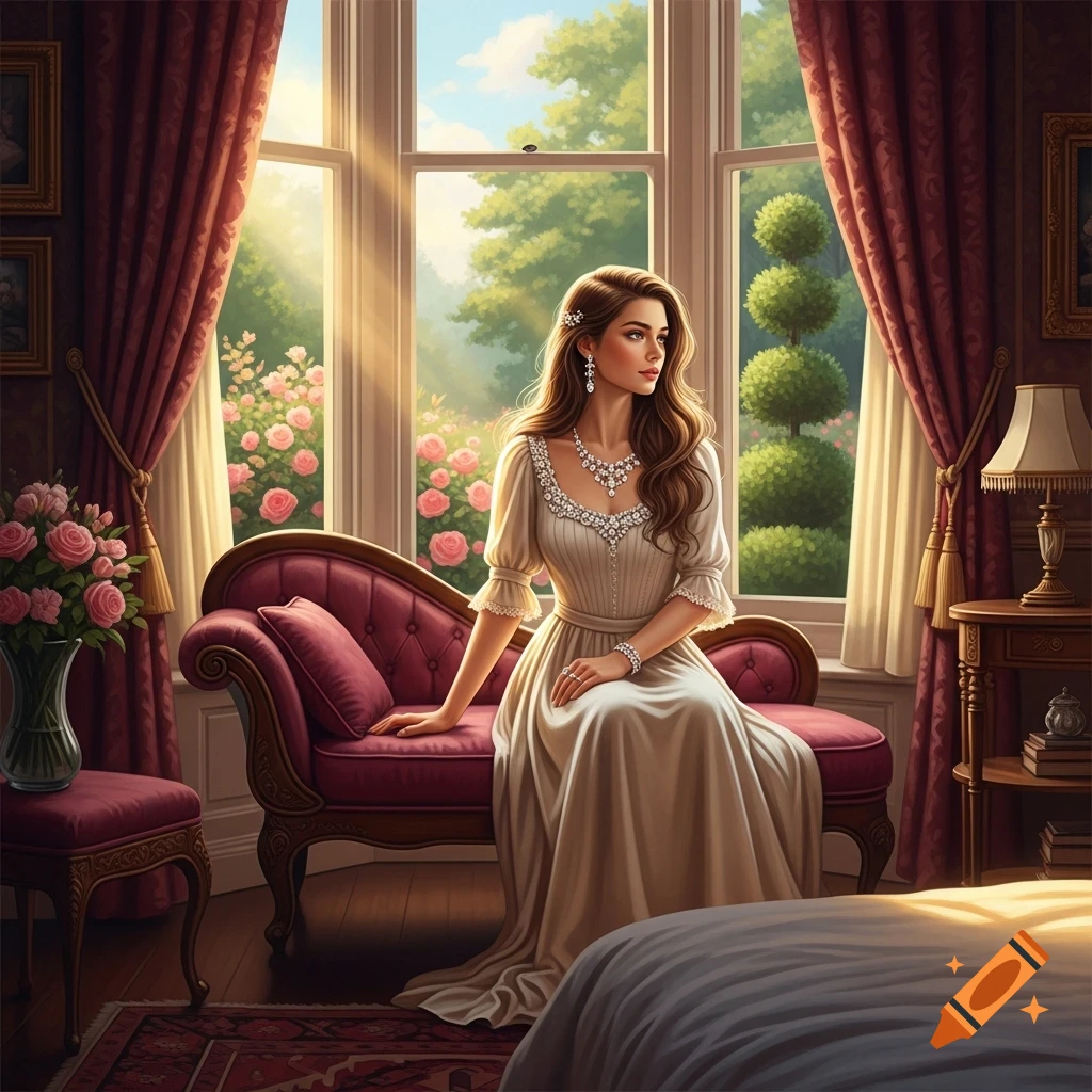 A woman in an elegant dress and jewelry sits on a magenta sofa by a sunlit window, looking at a blooming rose garden.