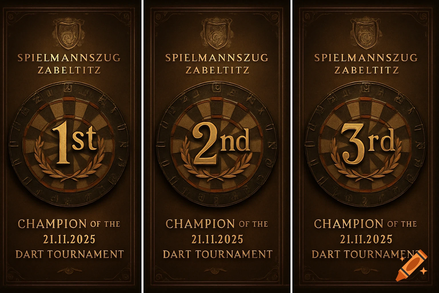 Three bronze and gold certificates for a dart tournament, showing 1st, 2nd, and 3rd place for Spielmannszug Zabeltitz on 21.11.2025.