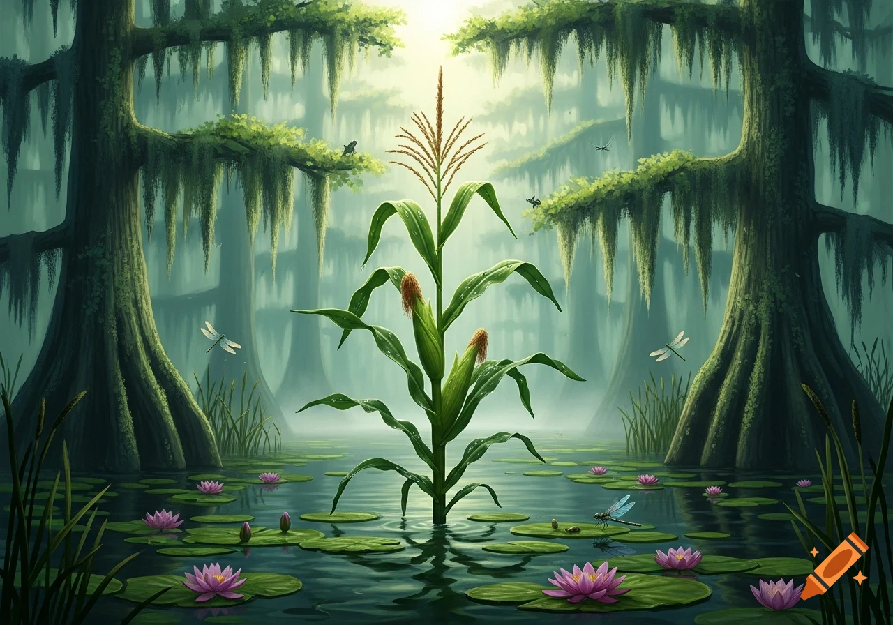 A tall corn stalk rises from calm water in a misty bayou, surrounded by cypress trees draped with moss, lily pads, and dragonflies.