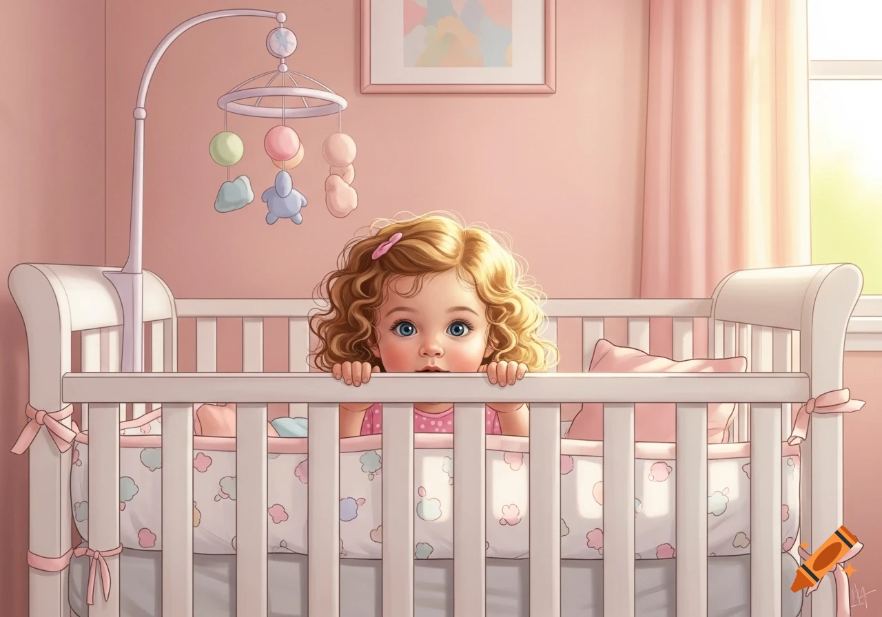 An illustration of a cute toddler girl with blonde curls and blue eyes peeking over a white crib in a pink nursery.