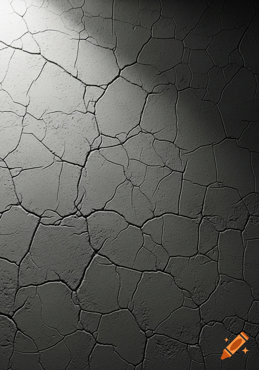 Close-up of a dark, aged, cracked wall texture with soft light from the upper left highlighting the fissures.