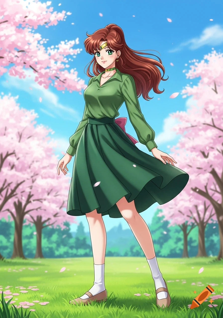 Anime art of Makoto Kino (Sailor Jupiter) in a green blouse and skirt, white socks, and shoes, standing in a field with pink cherry blossoms.