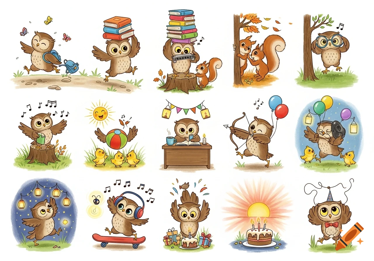 Whimsical children's book illustration featuring cartoon owls engaged in various activities like carrying books, playing, and celebrating.