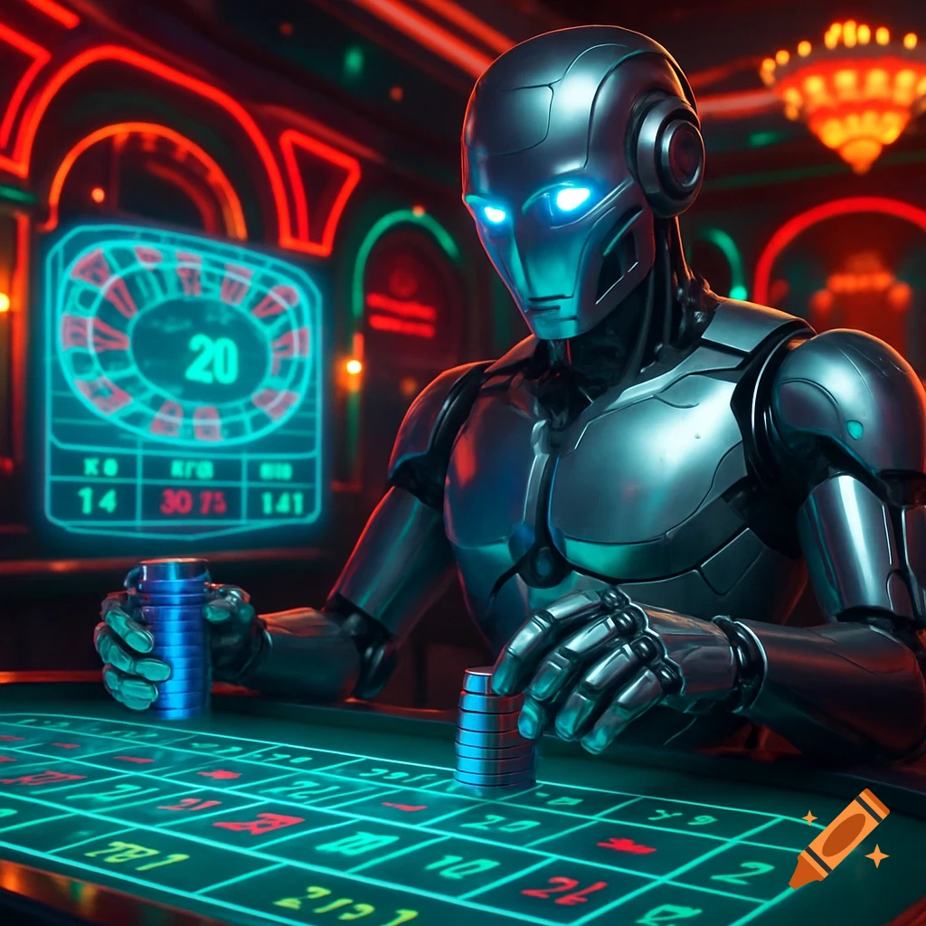 A metallic robot with glowing blue eyes sits at a futuristic roulette table, holding blue betting chips in a neon-lit casino.