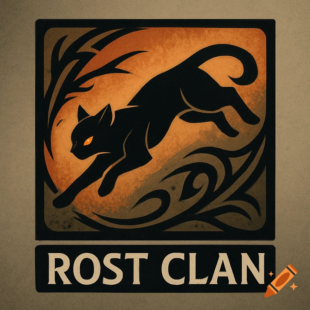 Stylized logo of a leaping black cat with glowing orange eyes, set against an orange and brown textured background, with 'ROST CLAN' text below.