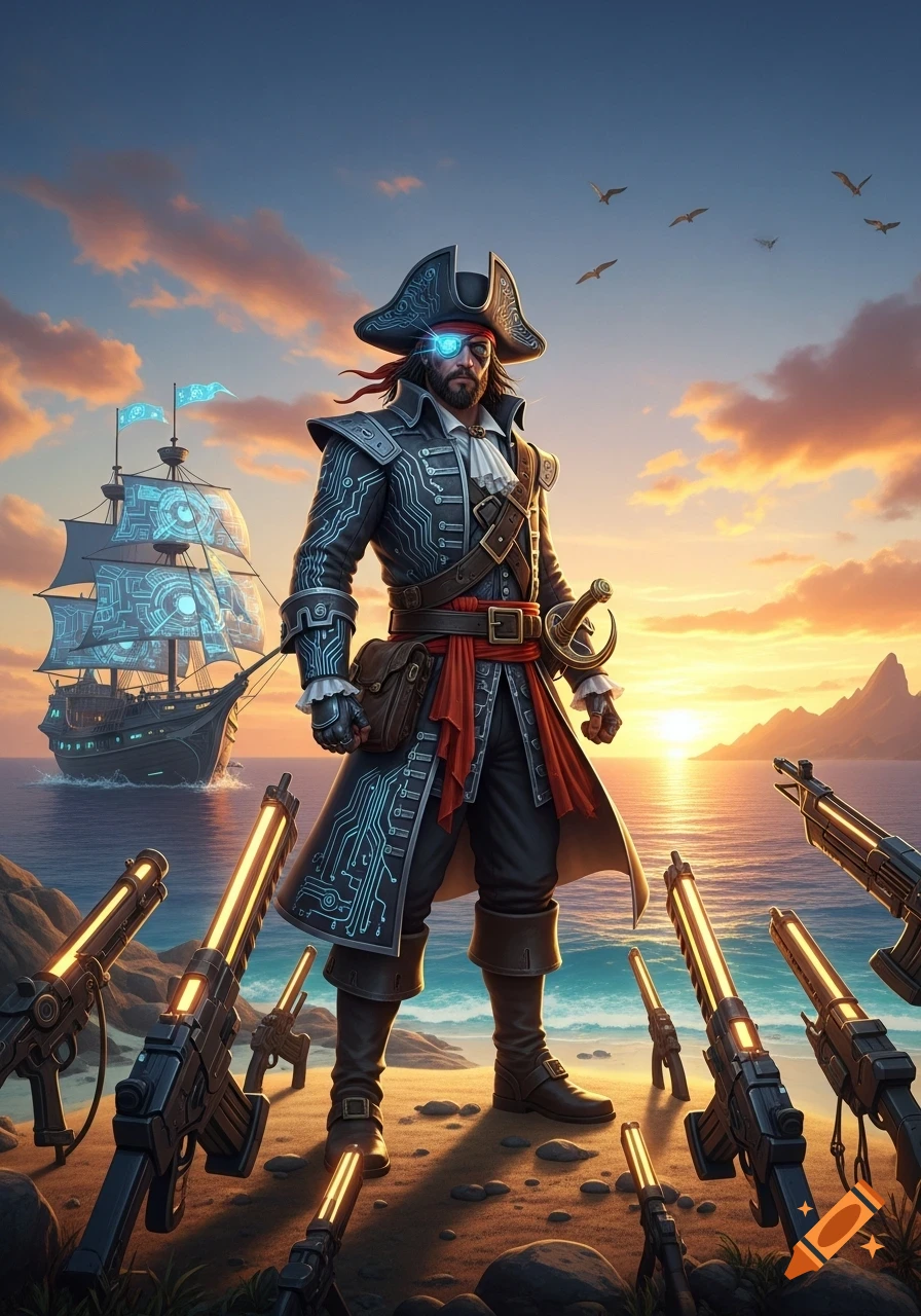 A futuristic pirate captain in a circuit-patterned coat stands on a beach with glowing sci-fi guns and a futuristic ship at sunset.