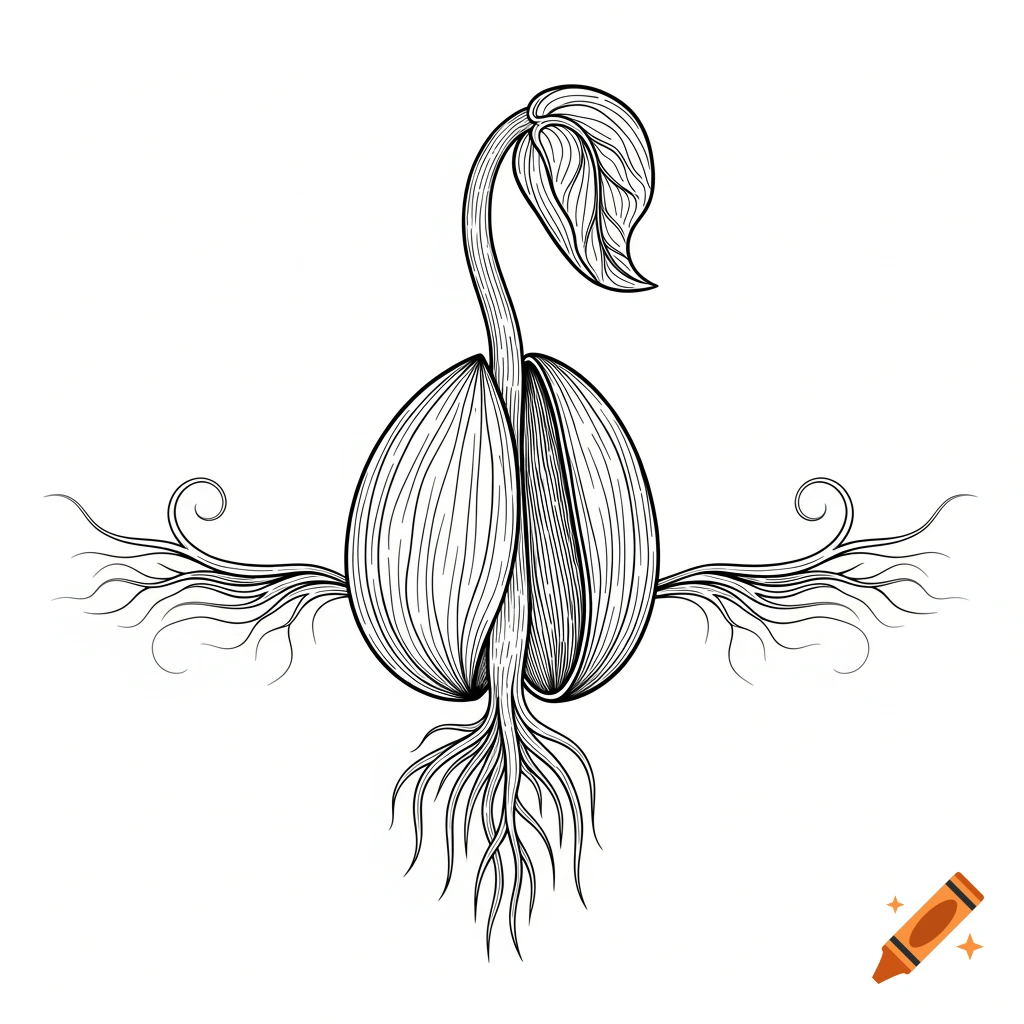 A black and white line drawing of a germinating seed with a sprout and roots emerging.
