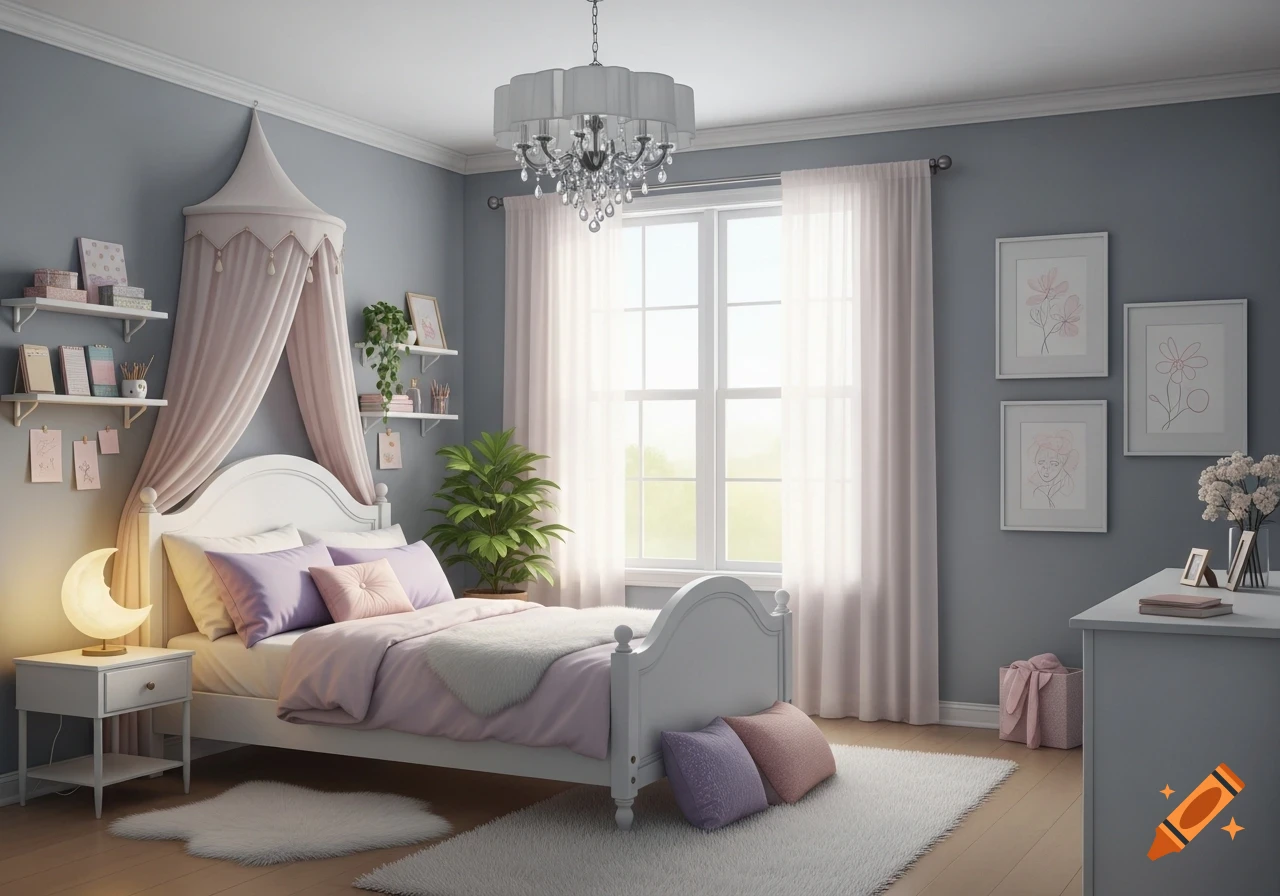 A cozy girl's bedroom with gray walls, a white bed with pink and purple bedding, a sheer canopy, a moon lamp, and a crystal chandelier.