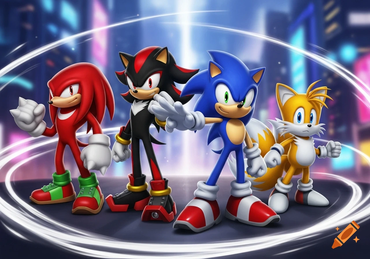Knuckles, Shadow, Sonic, and Tails stand side-by-side against a vibrant city background with light trails.