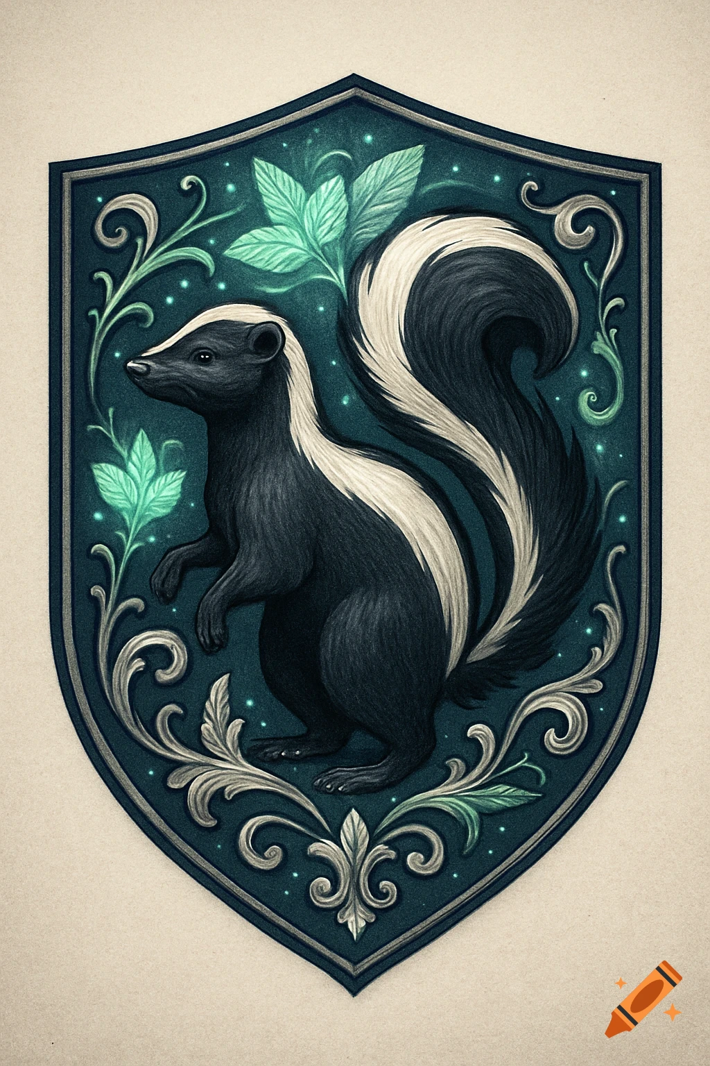 Stylized illustration of a skunk standing within an ornate dark teal shield emblem with glowing mint leaves.