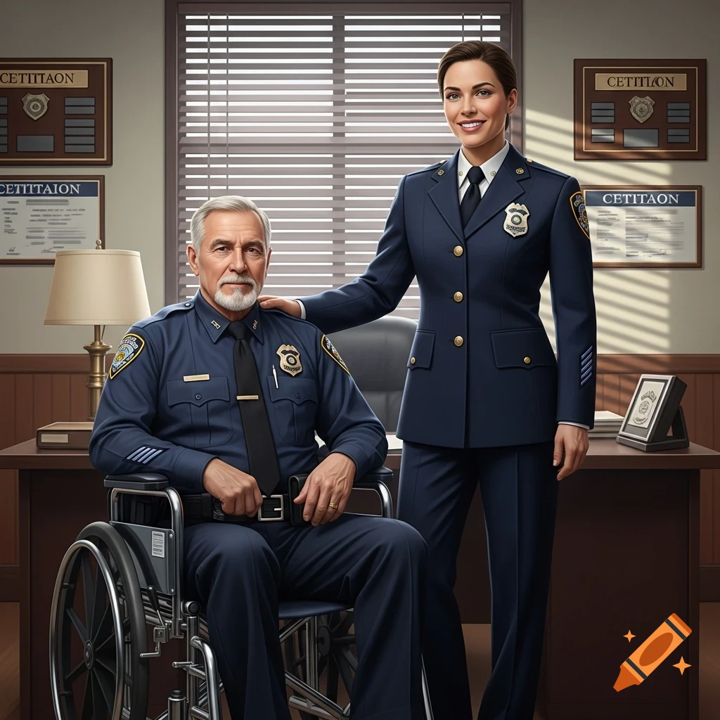 A smiling policewoman stands next to a smiling policeman in a wheelchair in an office. Photorealistic style.