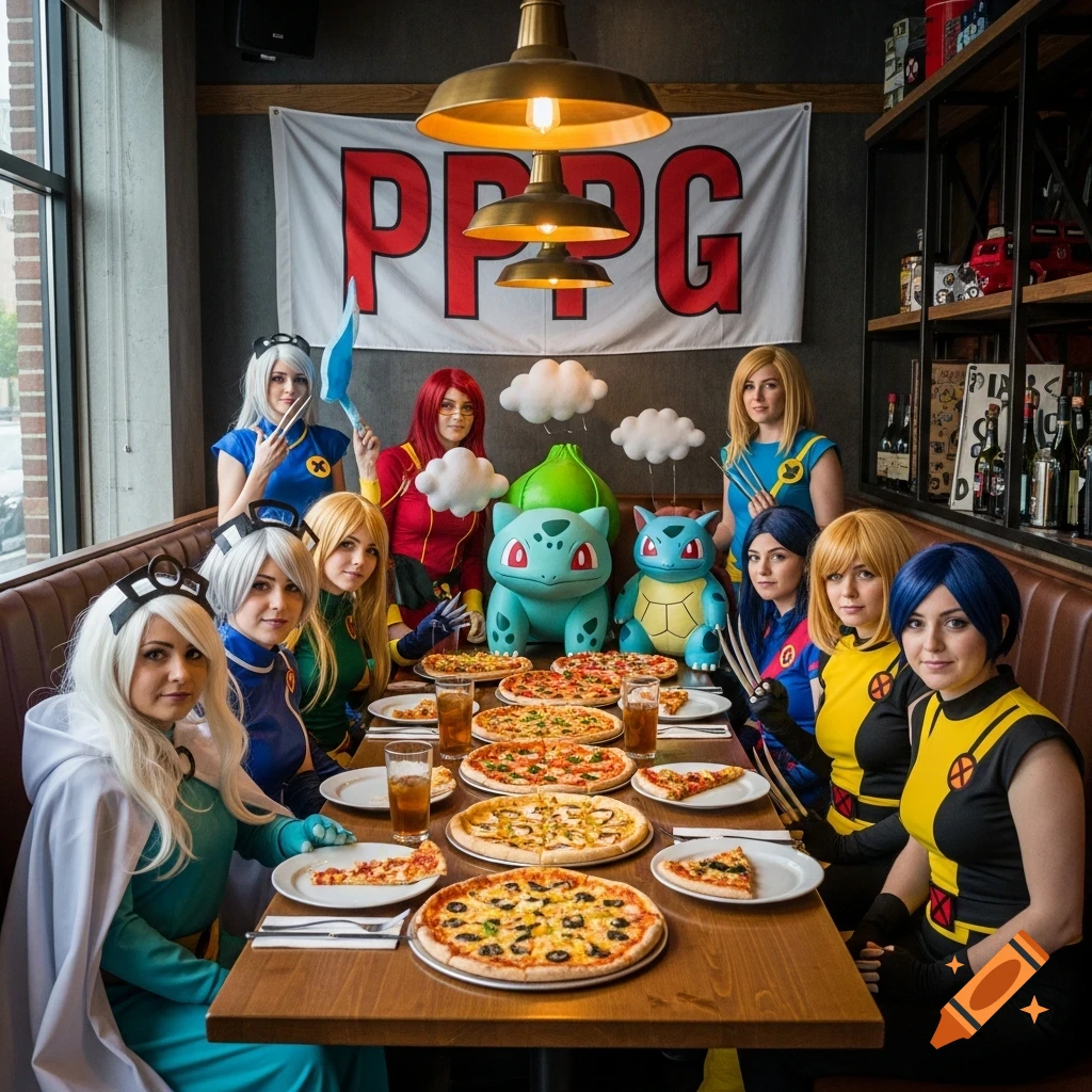 People in X-Men cosplay with Bulbasaur and Wartortle figures eat pizza at a restaurant.