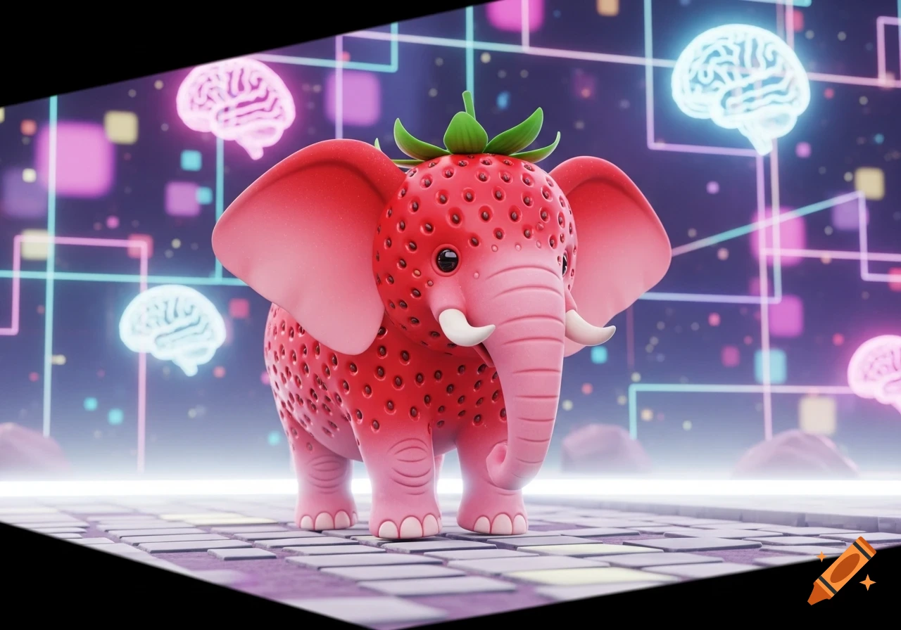 A cute 3D rendered strawberry-textured pink elephant stands on a glowing tiled floor in a dark, digital background with glowing brain holograms.