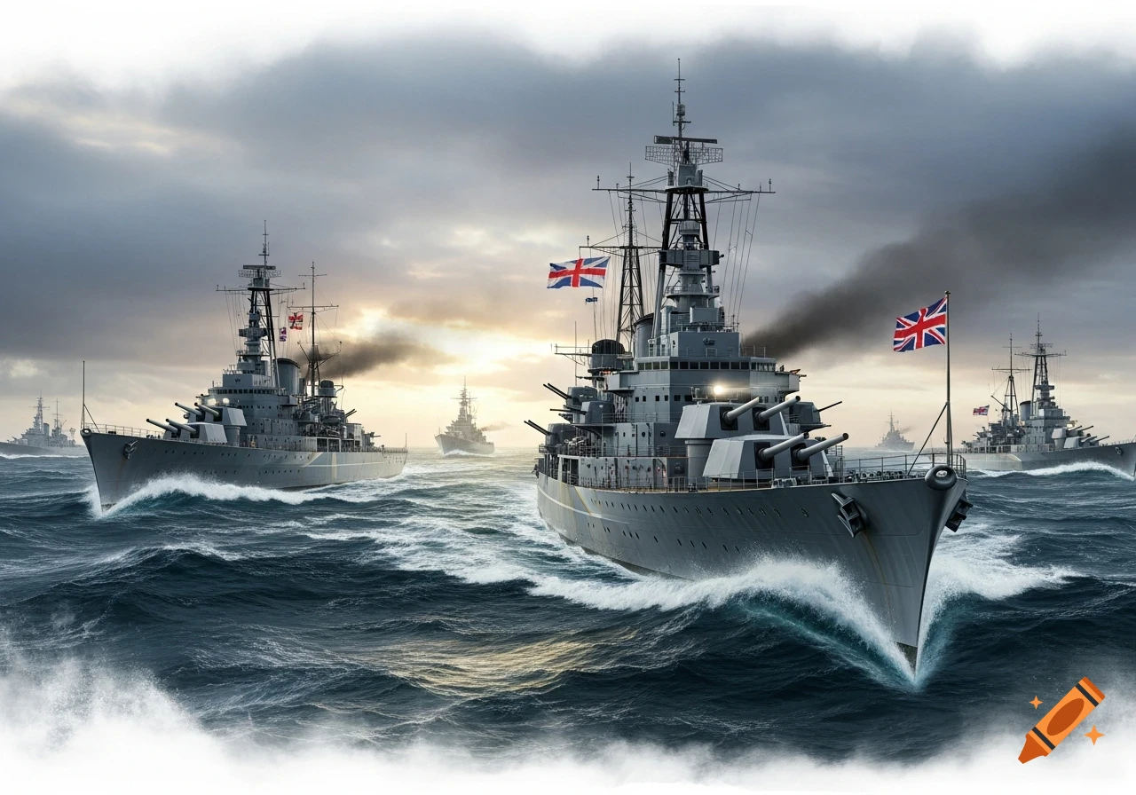 Several grey British warships with Union Jack flags sail on a turbulent dark blue sea under a dramatic cloudy sky.