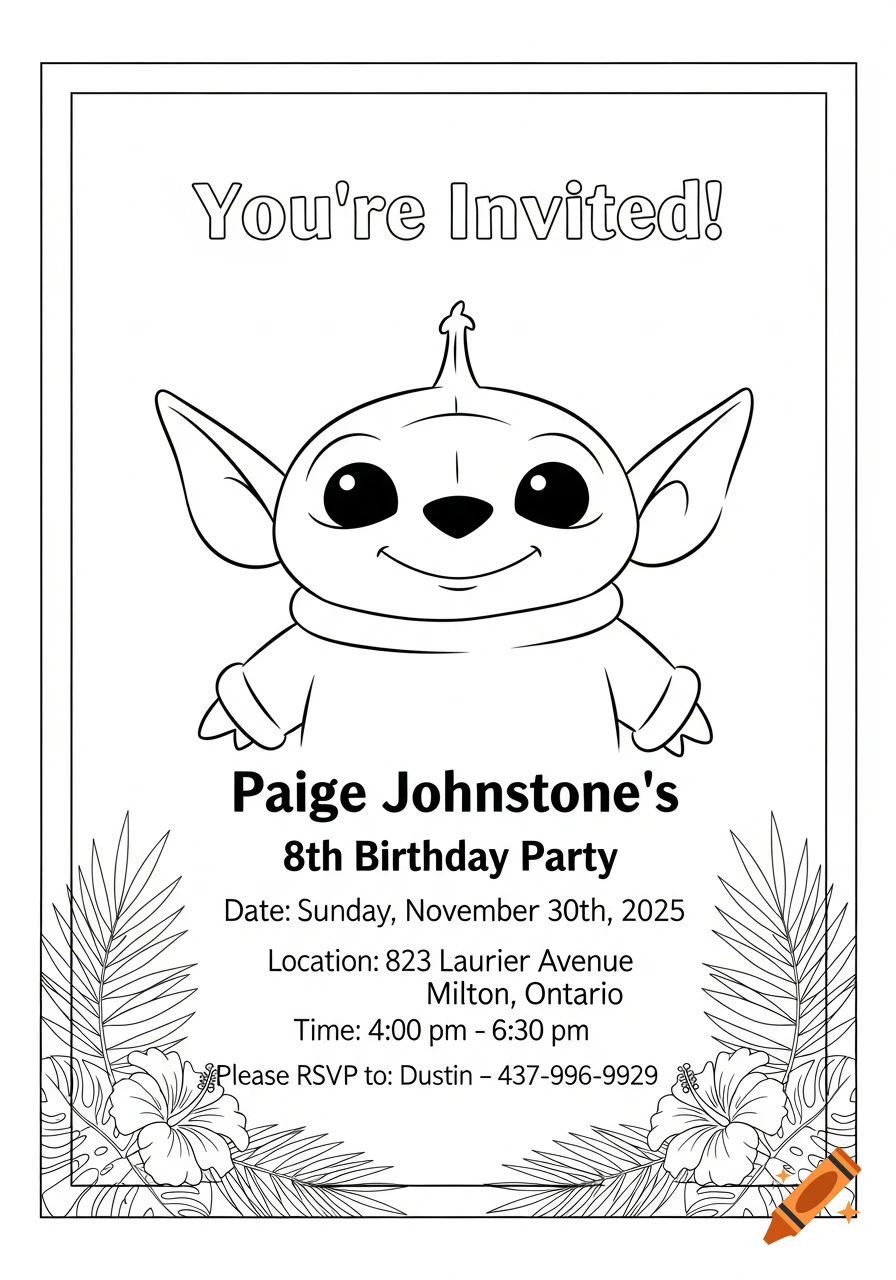 A black-and-white printable birthday invitation featuring a cute, big-eared alien, tropical leaves, and event details including "You're Invited! Paige Johnstone's 8th Birthday Party".