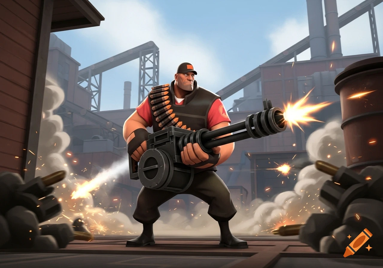 Heavy from Team Fortress 2 fires his minigun in an industrial setting, surrounded by muzzle flashes, smoke, and spent casings in a stylized art style.