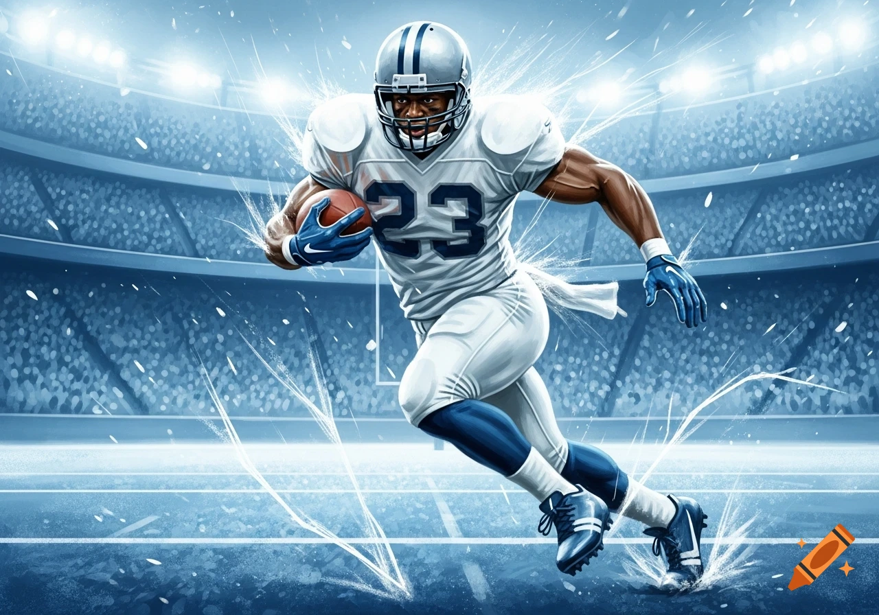 Painterly illustration of an American football running back in a white jersey, powerfully running with the ball on a field in a stadium, rendered in cool blue tones.