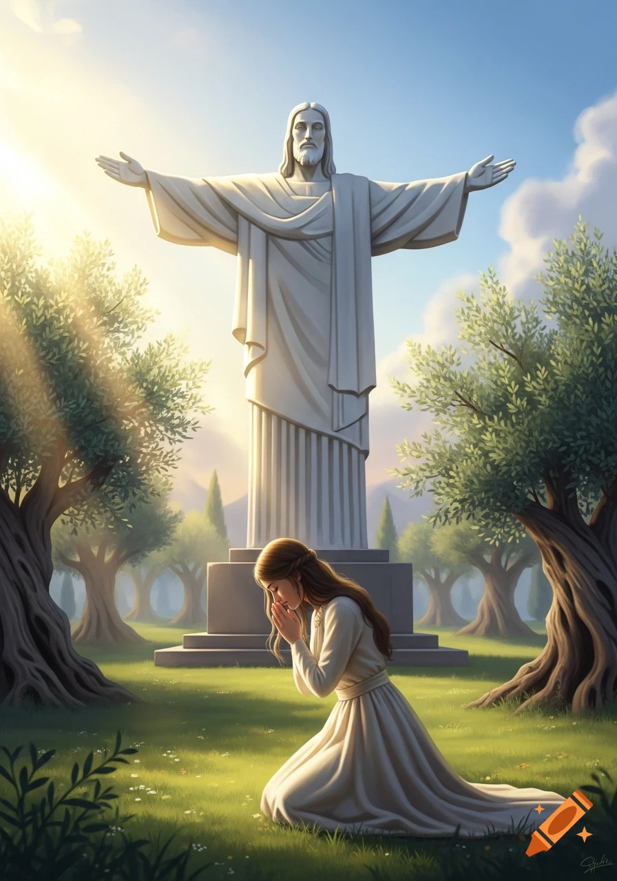 A woman kneels in prayer before a large statue of Christ the Redeemer in a serene, sunlit garden with olive trees.