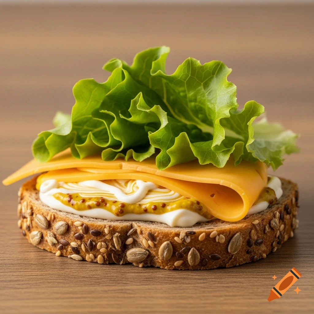 Close-up of an open-faced whole wheat sandwich with a slice of cheese, mayonnaise, whole grain mustard, and fresh green lettuce on a wooden surface.