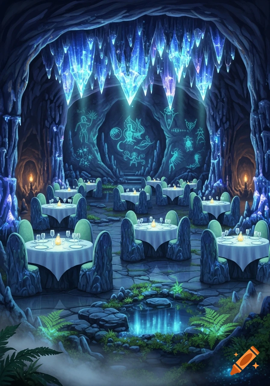 A fantasy cave restaurant with glowing blue crystals, set tables, ancient cave art, and a reflective pond.