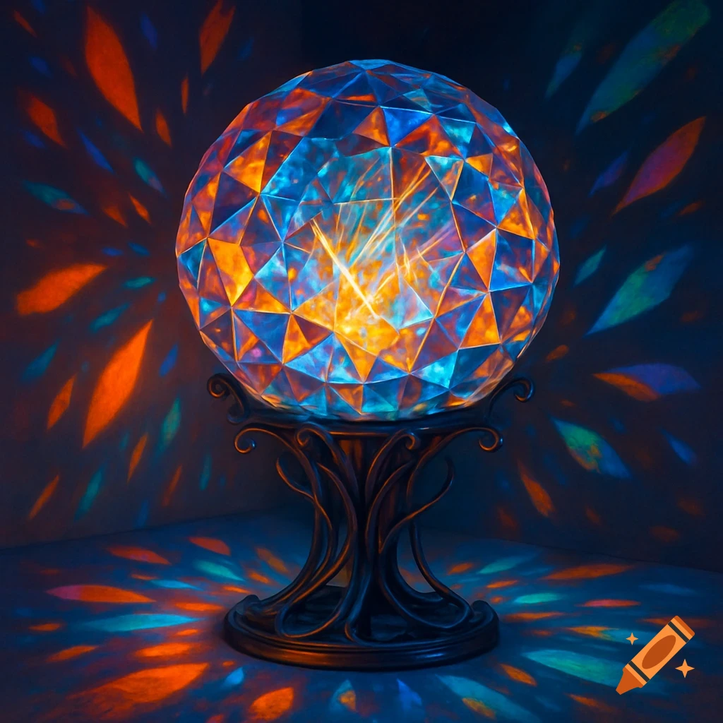 A faceted, glowing orb on an ornate stand casts vibrant orange and blue light patterns on a dark background.