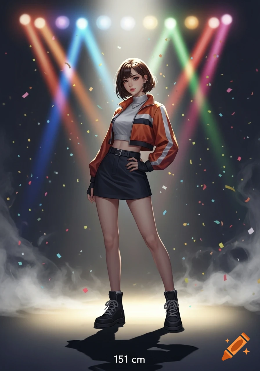 Illustrated K-pop idol girl (151 cm) in a cropped jacket and skirt, on a stage with spotlights and confetti.
