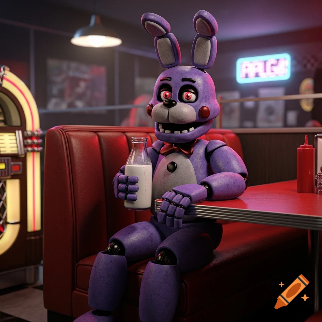 Purple animatronic bunny Bonnie from FNAF sits in a retro diner booth, drinking milk from a bottle.